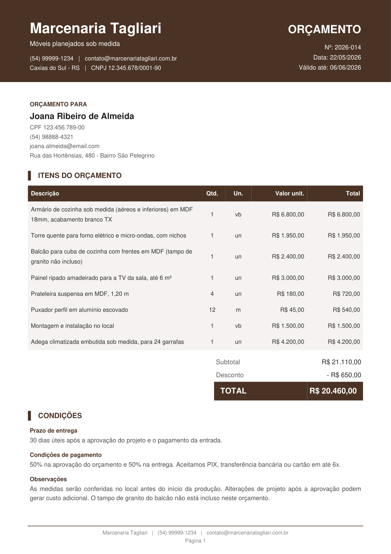 Orçamento em PDF gerado pela ferramenta